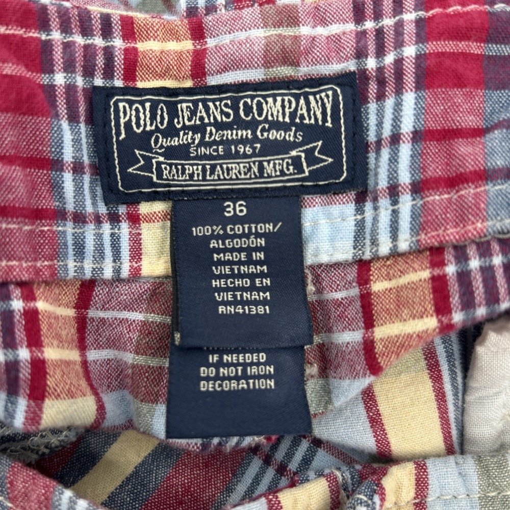 Vintage Polo Jeans Shorts Men's 36 Red Blue White Plaid Cargo Flat 90s Cotton - Picture 7 of 15